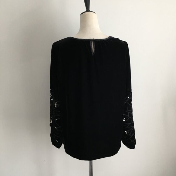 JOIE Black Velvet/Velour Perforated Cut Out Long Sleeve Slit Hem Shirt - Picture 9 of 10